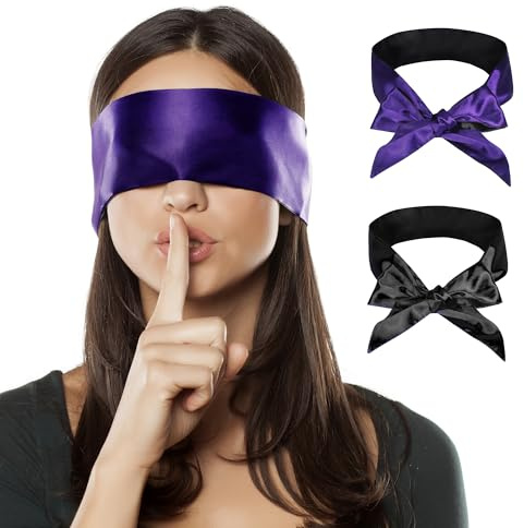 FRESHME Schlafmaske aus Satin, weich, verstellbar, aus leichter Seide, für Paare, doppelseitig, Dunkelviolett & Schwarz + Schwarz, 2 Stück