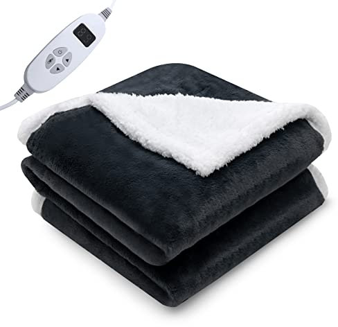 COSTWAY Electric Heated Throw Blanket, Reversible Sherpa Fleece Electric Over Blanket with 10 Heat Levels, 9-Hour Auto-off Timer & Overheat Protection, Machine Washable Heating Throw (Grey, 160x130cm)