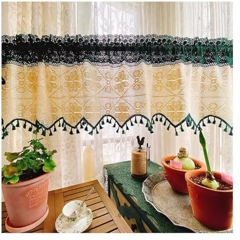 Ausschnitt Häkelspitze Scheibengardine, Shabby-Chic Vintage Baumwolle Bistrogardine mit Quasten, Landhaus Küchenvorhänge