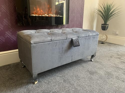 SK LUXURY LIVING Ottoman Storage Box - Engineered Wood Fabric Buttons Luxurious Plush Velvet Ottoman Storage Bench, Perfectly Designed Ottoman for Bedroom Storage (Grey Plush, Legs)
