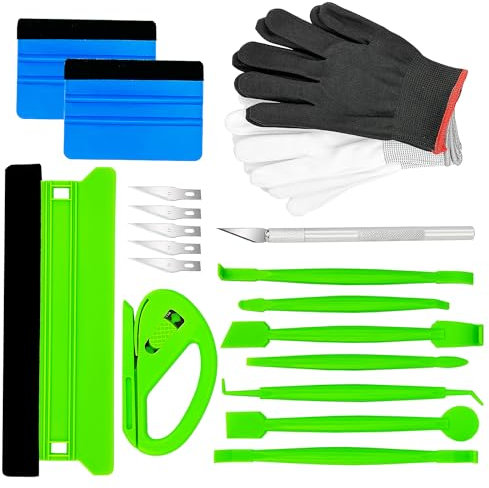 Umaki Tool Kit Vinyl Wrap for Cars Vehicle Tinting Kit with 10cm&21cm Plastic Felt Squeegee, 7in1 Green Edge Wrap Squeegee, Trimming Tools and 2 Pairs Vinyl Wrap Gloves, Scratchless Application