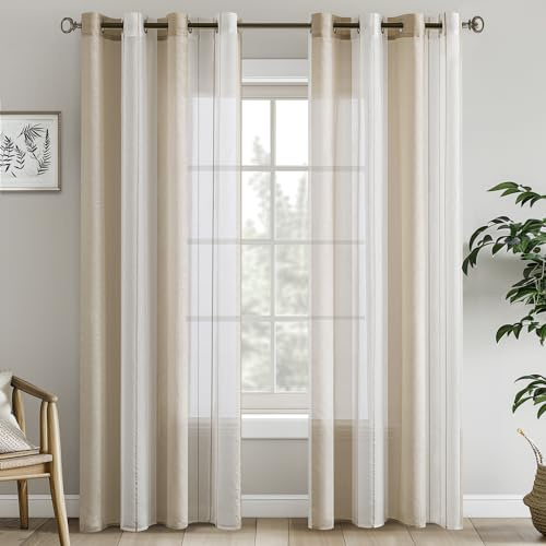 EMEMA Vorhänge mit Ösen Beige-Weiss Streifen 2er Set 140 * 215cm Gardinen | Moderner Wohnzimmer 2er Set Stores Schals mit Ösenschal Halbtransparent Dekorieren Schlafzimmer Vorhang 140x215cm