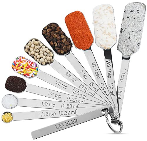 Kalsreui Measuring Spoons Set, 18/8 Stainless Steel Measuring Spoons Set 10, Metric&US Long Handle Measuring Spoons for Kitchen & Baking, Metal Measuring Spoons Set with 1/16Tsp&2/3Tbsp for Spice Jar