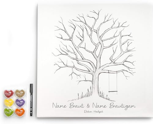 codiarts. personalisierte Leinwand für Fingerabdrücke - Party - Hochzeit - Jubiläum - Geburtstag - als Gästebuch mit Stempelkissen und Stift (Baum mit Schaukel, 50 x 50 cm, Bespannte Leinwand)