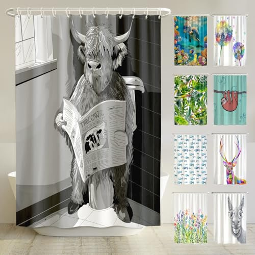 arteneur Anti-Schimmel Duschvorhang 180x200 cm Beschäftigte Kuh | Textil recycelt, OEKO-TEX 100, 40°C Maschinenwäsche, blickdicht, wasserdicht, beschwerter Saum, mit 12 recycelten Ringen