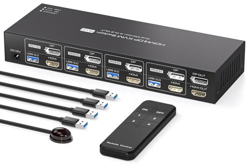 PVBCTCSID HDM Displayport KVM Switch 4 PC 2 Monitor Switch KVM USB 4K60Hz 4 Porte Dual Display Condivisione di 2 Monitor e 4 Dispositivi USB3.0, con Telecomando a Infrarossi e Alimentazione