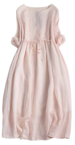 shownicer Robe Cotton en Lin Femme Longue d’été Manches 1/2 à Revers Décontractées Couleur Unie Boho Tunique Chic et élégant de Vacances à la Plage Maxi Dress