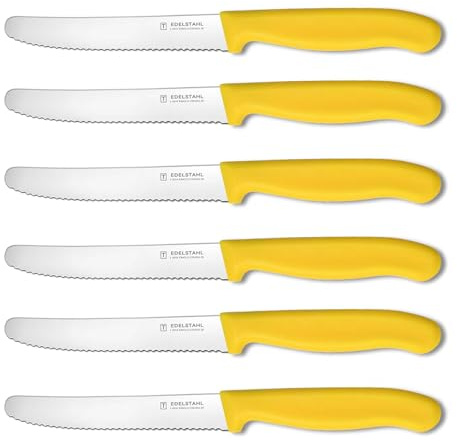 targzier Tafelmesser Set 6 tlg,23cm Brotzeitmesser,Scharf Klinge,Gelb Griff | Tomatenmesser mit Wellenschliff Messer,Ergonomischer PP Kunststoffgriff,Rostfreie Klinge Vespermesser,Spülmaschinenfest