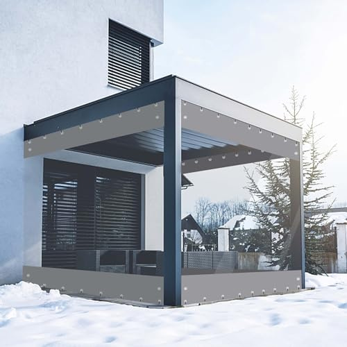 FoundGo Outdoor Clear Tarpaulin Waterproof Heavy Duty 2.5x3.5m (Height x Width), 450g/m² Clear Tarp with Eyelets, Transparent Tarpaulin Waterproof for Pergola, Gazebo, Garden, Grey