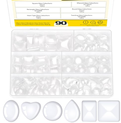 Mardatt Glass Cabochons Kit, 90 Stück 25mm 6 Stil Klarglas Cabochons, Oval Herz Runde Teardrop Rechteck Quadrat Glas Kuppel Cabochons Fliesen für Schmuck machen Foto Anhänger Handwerk