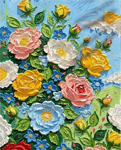 Landschaft Malen Nach Zahlen Erwachsene Bastelset, Paint by Numbers Blume Malen Nach Zahlen Anfänger, DIY Ölgemälde Leinwand Set mit 3 Set Pinsels und Farbe, Zimmer Deko 50x70 cm, Geschenk für Frauen