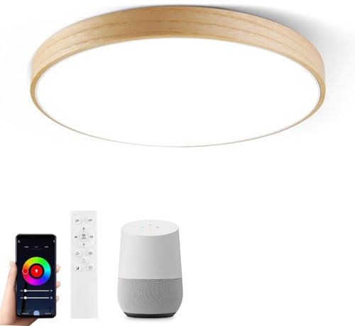 Horevo Lámpara de Techo LED Smart WIFI, Luz LED Regulable con Alexa Google Home, Lámpara de Cambio de Color RGB de 28 W con Control Remoto, Luz Hecha de Material de Madera Natural para Dormitorio