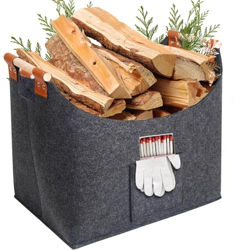 YeaHapiday Kaminholzkorb aus Filz mit Griffen Holzkörbe für Kamine Indoor Outdoor Faltbar Mehrzweck Kaminholz Weidenkorb zum Einkaufen, Gemüse, Zeitung oder Brennholz 45x32x40cm Dunkelgrau