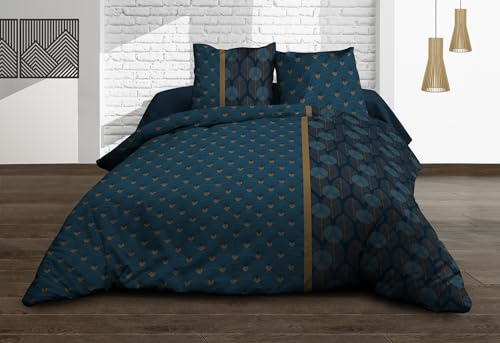 Le Linge de Jules Parure Drap Plat + Drap-Housse 140x190 + 2 T - Pur Coton 57 Fils - Seattle, Bleu