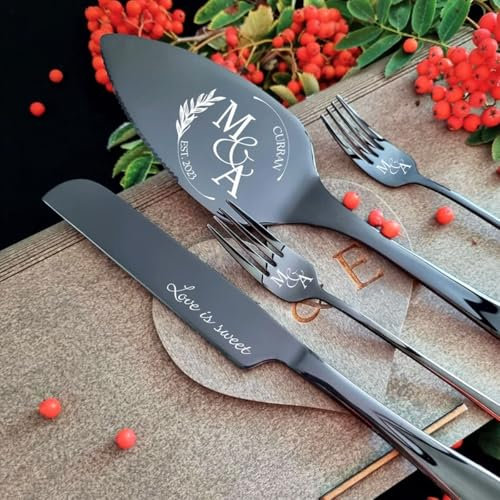Juego De Corte De Pastel De Boda Personalizado, Juego De Servicio De Corte De Pastel Personalizado, Utensilios De Pastel De Acero Inoxidable, Tenedores De Postre, Texto Grabado, Recuerdos De Boda(Blac