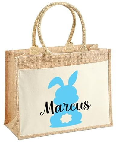 LIEBTASTISCH Ostern - Jutetaschen - Personalisiert - Geschenkverpackung - Osternest - Osterkorb - Hase - Osterkorb - Geschenktüte - Frohe Ostern (Blau, M (30x30x19 cm))