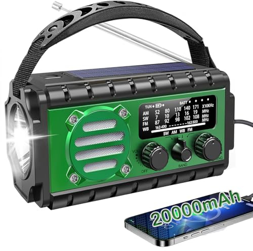 Solar Kurbelradio 20000mAh Radio Notfall Radio Batteriebetrieben Notfall SW/AM/FM Notfallradio mit Led Taschenlampe,Leselicht,USB Handy-Lader,SOS-Alarm für Camping,Ourdoor,Notfall,Blackout