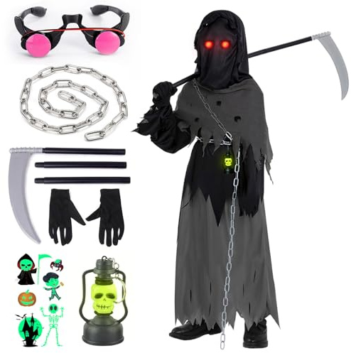 YADODO Halloween Déguisement Faucheuse Enfant Garcon 110-160 Costume Faucheuse Enfant Fille avec Faucille Halloween Gants Robe Faucheuse Cape Noire Faucheuse Grim Reaper Costume