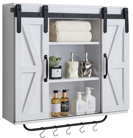 VEVOR Armario de Pared para Baño con 2 Puertas Correderas y Estantes Ajustables, Armario Colgante con Divisor Abierto, Toallero y Ganchos en Forma de S para Cocina e Inodoro, 780 x 220 x 775 mm