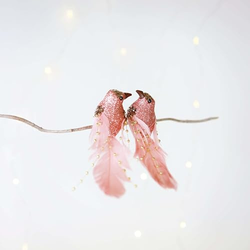 Regendeko Weihnachtsbaum-Anhänger mit Vögeln, Realistischer Christbaumschmuck, Gold und Rosa, Federn, 2er Set (Rosa)