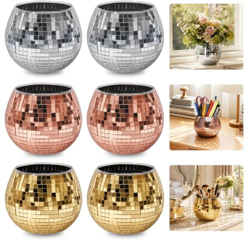 HuaMuDM 6 Pièce Pot de Fleurs de Boule Disco,Pot de Fleurs Disco | Jardinière disco argentée,Vase boule disco,Bureau,Salon,Décoration Végétale,Décoration d'intérieur,Cadeau d'anniversaire