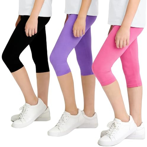 JinBei Fille Leggings Capri 3/4 Été Extensible Respirants Coton, 6-13 Ans | Lot de 3, Été Court Pantalon Enfant, Confortables, Ceinture Élastique, Sport Shorts Legging, pour Cycliste, Loisirs, École