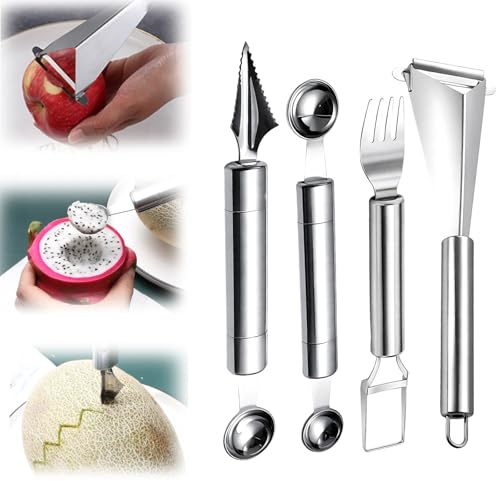 Melonenausstecher Kugeln Set, 4-teiliges Obst Schneider Set mit Kugelausstecher und Buntmesser für Wellenschnitt, Ideal für Melonen, Kiwis und Gemüse, Küchenhelfer für Früchte und Salate