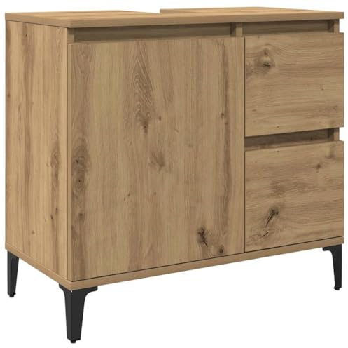 HFXHIJXQ Meuble de lavabo, en chêne artisanal, 65 x 33 x 60 cm, matériau à base de bois, avec 2 tiroirs, pieds en métal, montage flexible, pour petite salle de bain, WC d'invités