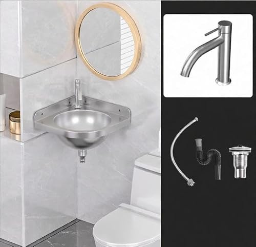 Stainless Steel Corner Sinks, Wall Mounted Triangular Basin with Hot & Cold Water Taps, Drain Assembly, Drain Pipe and Hose, Single Bowl Hand Wash Basin for Kitchen,Bathroom,Toilet, RV,Boat,Garage
