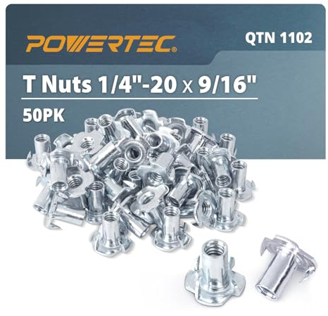 POWERTEC 1/4-20 x 9/16 T Nuts QTN1102 4 50 Pack | Pronged Tee Inch-20 & 9/16-Inch – Threaded Inserts for Climbing Holds and Wood Working, 9/16