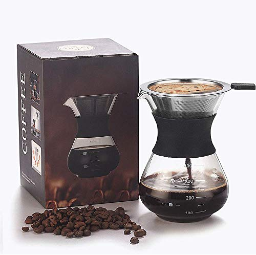 XIYUAN Pour Over Cafetera sin papel, reutilizable, filtro de acero inoxidable y jarra de vidrio sin BPA, cafetera de mano, 300 ml
