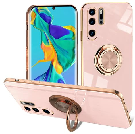 EYZUTAK Electroplated Magnetic Ring Holder Case for Huawei P30 Pro, 360 Degree with Rotation Metal Finger Ring Holder Magnet Car Holder Soft Silicone Shockproof Cover - Light Pink