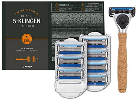 by Amazon Herren 5-Klingen Rasierer mit Korkgriff, 8 Nachfüllpackungen, Silber