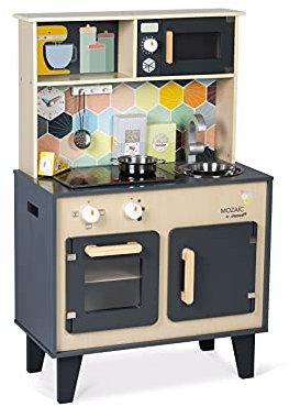 Janod - Mozaïc Big Cooker - Spielküche für Kinder - Kinderküche mit Sound und Licht - Holzküche mit 3 Zubehörteilen + 3 Lebensmittelkartons - Ab 3 Jahren, J06609, 53 x 30 x 87 cm