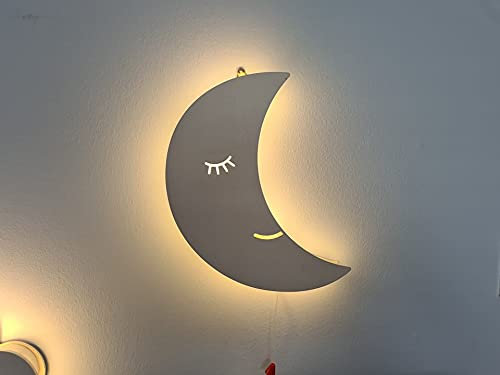 Marco Paul Moon - Lampada da notte in legno bianco da parete, per cameretta dei bambini, decorazione per camera da letto, comodino, luna crescente