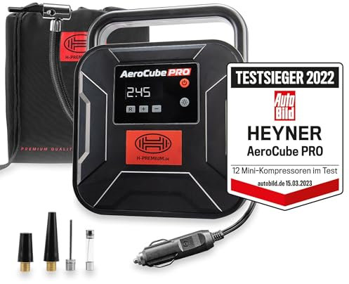 HEYNER® Kompressor mini I Tasche I 12V/120W Druckluft 10 bar/150PSI Digitales Manometer I LED Beleuchtung I elektrische Luftpumpe tragbarer Kompressor 10 bar Zigarettenanzünder Autoreifen