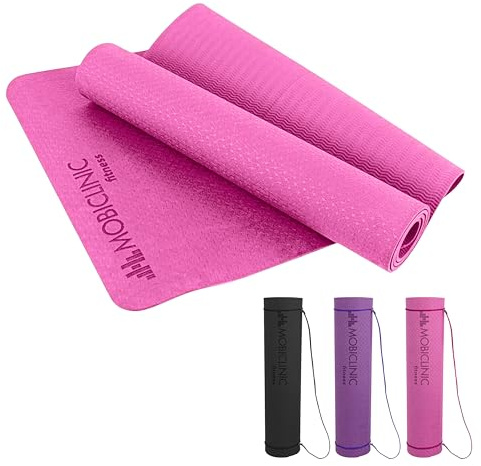 Mobiclinic, Esterilla de yoga, Incluye correa transporte, 6mm grosor, Marca española, Antideslizante, Impermeable, Ecológica, Fitness, Deporte, 181x61x0.6 cm, Lavable, Flexible, Tpe, Rosa