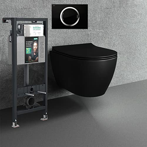 Spülrandloses Hänge WC Komplettset I schwarz matt I randloses Wand WC mit Mepa nextVit Spülkasten I Tiefspül WC I Deckel mit Absenkautomatik I Hänge Toilette mit Mepa Zero Drückerplatte Vorwandelement