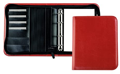 DELMON VARONE - Ringbuch-Ordner DIN A5 mit Reißverschluss inkl. Schreibblock veganem Eco Kunstleder Rot - handgefertigte Dokumenten-Mappe - Ring-Mappe für Dokumente, Urkunden & Akten (zum Abheften)