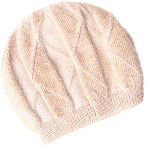 Damen-Baskenmütze, gestrickt, Wolle, warm, Kunstfell, Kaninchenfell, Kaninchenfell, verdickt, Beige M (55–58 cm)