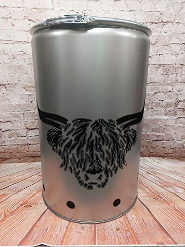 Fuchsbau Feuertonnen Feuertonne mit - Highland Cattle - Motiv - Gefertigt aus neuem Ölfass - Besondere Feuerstelle für Garten und Terrasse - Hohe Feuerschale mit Rostoptik - 90 x 60 cm