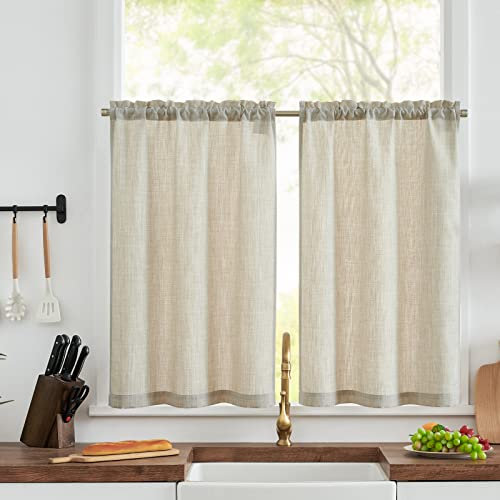 TOPICK Scheibengardine Bistrogardine 2er Set 90Hx65B cm Taupe Leinenoptik Fenstervorhang Gardine Gaze Schals Scheibengardinen Lichtdurchlässig Fensterschal Küche Wohnzimmer Landhaus