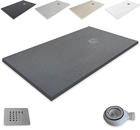 outletaseo Extra flache Duschwanne aus Harz, rutschfest, Schiefertextur, alle Größen erhältlich, inklusive Ablaufventil + Gitter (120 x 90, Graphitgrau RAL 7021)
