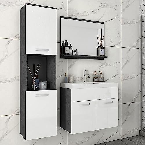 MINIO go for it - Badmöbel 3-Teilig Set Monal, Spiegel mit Regal | Schrank mit Waschbecken Laminierte Spannplatte Griffe und Beschläge aus Metall Matera und Weiß Hochglanz