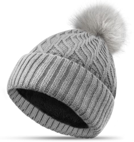 FORVEVO Mütze Damen Winter, Beanie Damen mit Fleece Gefüttert, Warme Wintermütze, Strickmützen mit Bommel für Outdoor Laufen Skifahren (Grau)