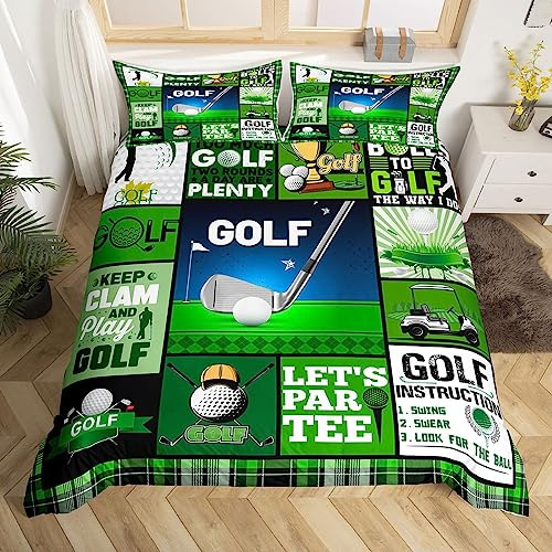 Manfei Golf-Bettwäsche-Set für Einzelbett, Außentür-Sportthema, 2-teilig, für Kinder, Jungen, Teenager, Raumdekoration, grünes Gittermuster, Patchwork, Bettdeckenbezug mit 1 Kissenbezug