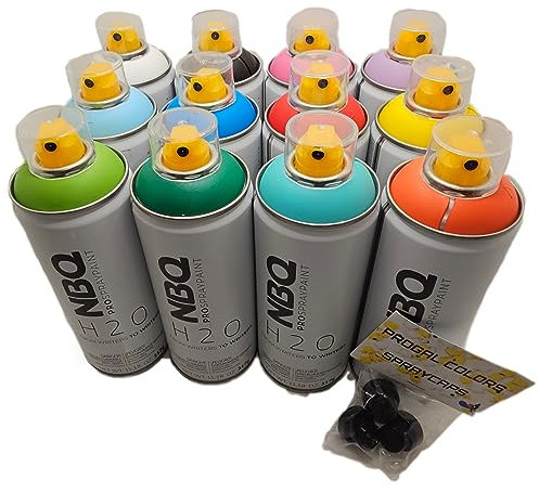 PROGAL COLORS NBQ Pro Spray PAint, 12 Flaschen (H2O 12 x 400 ml + 3 x Diffusor), Sprühfarbe auf Wasserbasis, geruchsarm, Graffiti-Muralismus, matte Farbe (PARTY TIME)