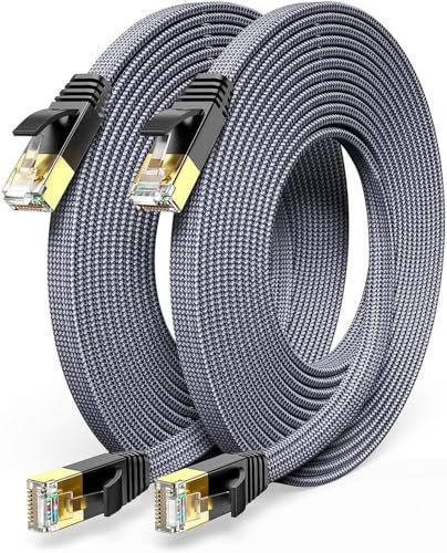 Snowkids Cat7 Câble Ethernet 2m 2PACK, Haute Vitesse Réseau 10Gbit/s 600MHz Plat Tissage de Nylon Patch Câble STP Câble Ethernet RJ45 Compatible avec Routeur Modem Switch TV Box PC PS/4/5