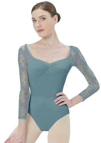 s.lemon Maillot Ballet Mujer,Adulto Lacey 3/4 Larga Manga Maillot Danza Verde 165