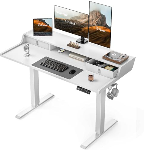 ErGear Electric Standing Desk with Drawers, 48″ x 24″ Gaming Table Compatible Monitor Stand, Stand up Desks, Home Office Height-Adjustable Desk with Storage Shelf, 4 Preset Heights, White